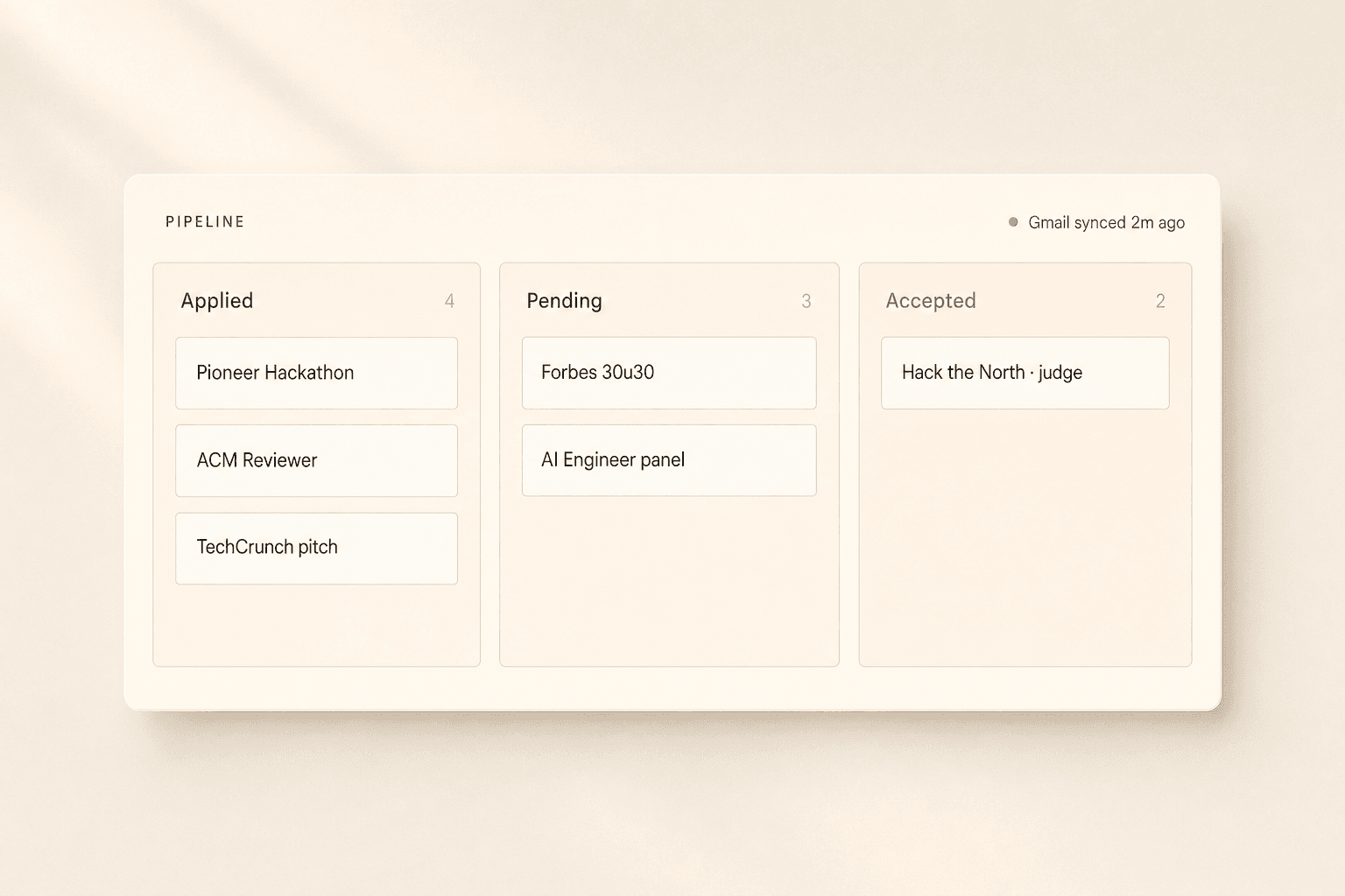 Application tracker pipeline with applied, pending and accepted columns
